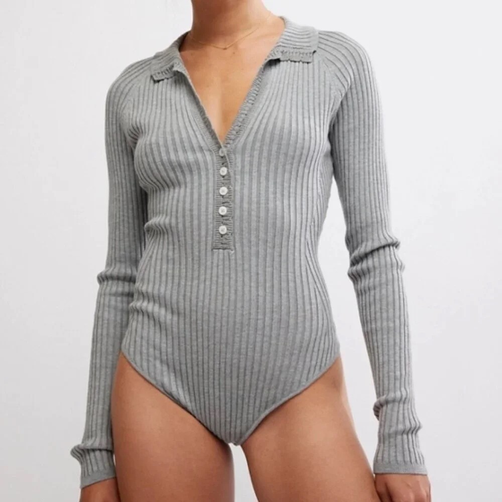 Free People Intimately Ready for It Henley Bodysuit Gray Size M Fall Boho Ribbed